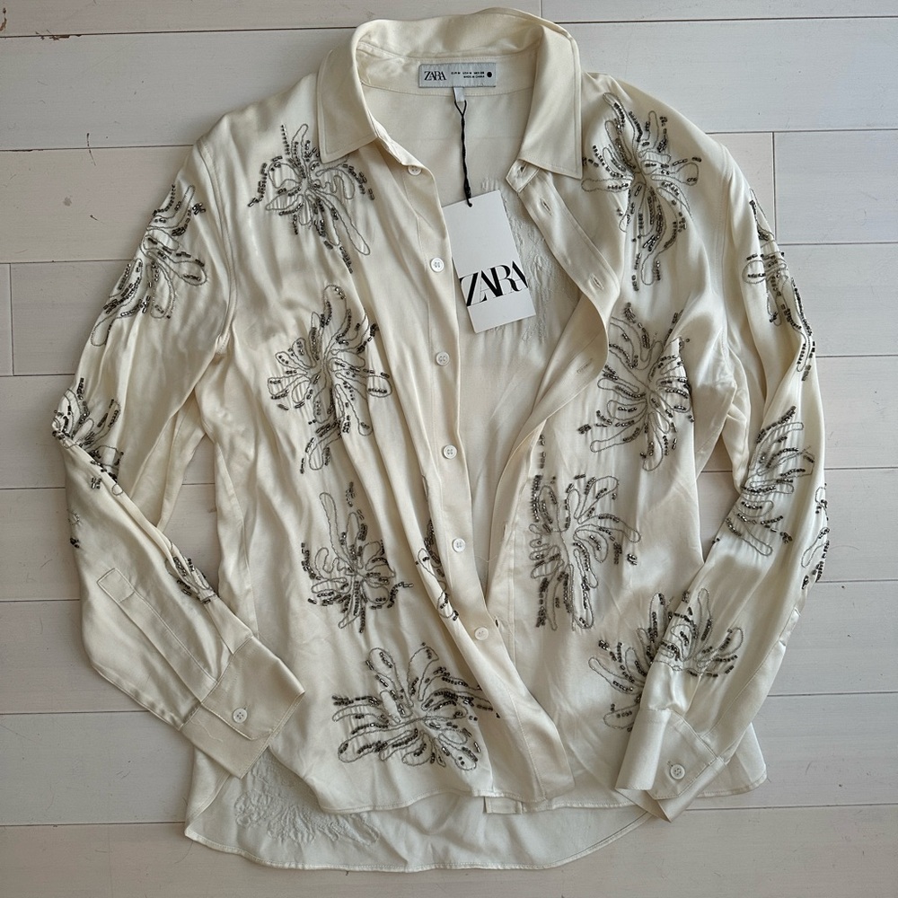 NEW Zara Beaded Button Up Blouse